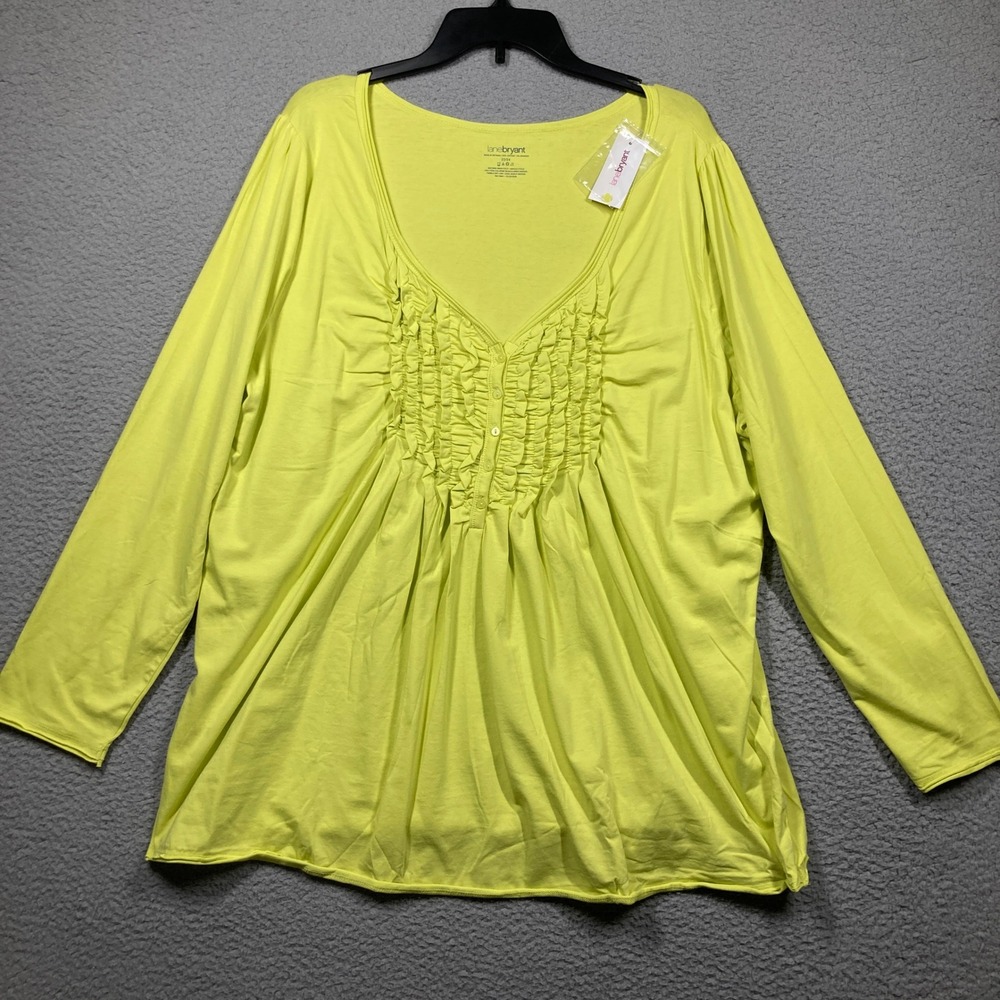 Lane Bryant Top Women 22/24 NEW Chartreuse Ruffle Pintuck V-Neck Long Sleeve